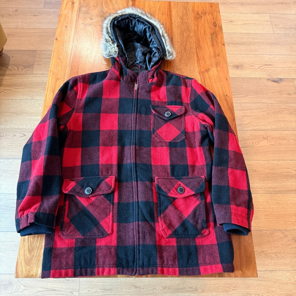 Aeropostale Men's‎ Red/Black Plaid Wool Blend Coat Size M